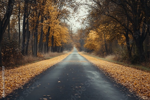 Empty Road Through Autumn Trees