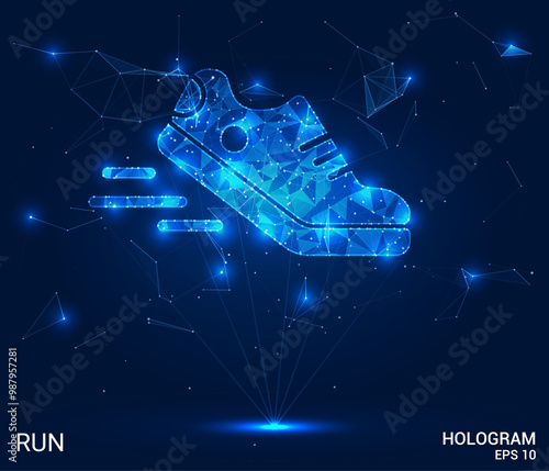 Hologram running. Sneakers made of polygons, triangles of dots and lines. Running shoes have a low poly compound structure. Technology concept vector.