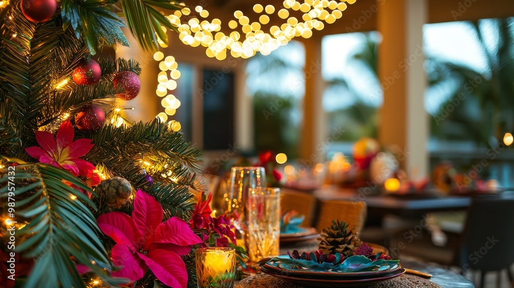 Tropical Christmas celebration in an open-air patio adorned with a palm tree and vibrant flowers, featuring a festive coastal table setting Tropical Christmas celebration in an open-air patio adorned with a palm tree and vibrant flowers, featuring a festive coastal table setting