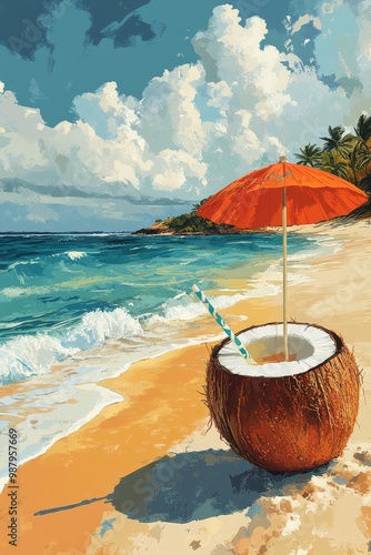 Wallpaper Mural Simple vector art poster illustration of a coconut drink with a straw on a sandy beach  Torontodigital.ca