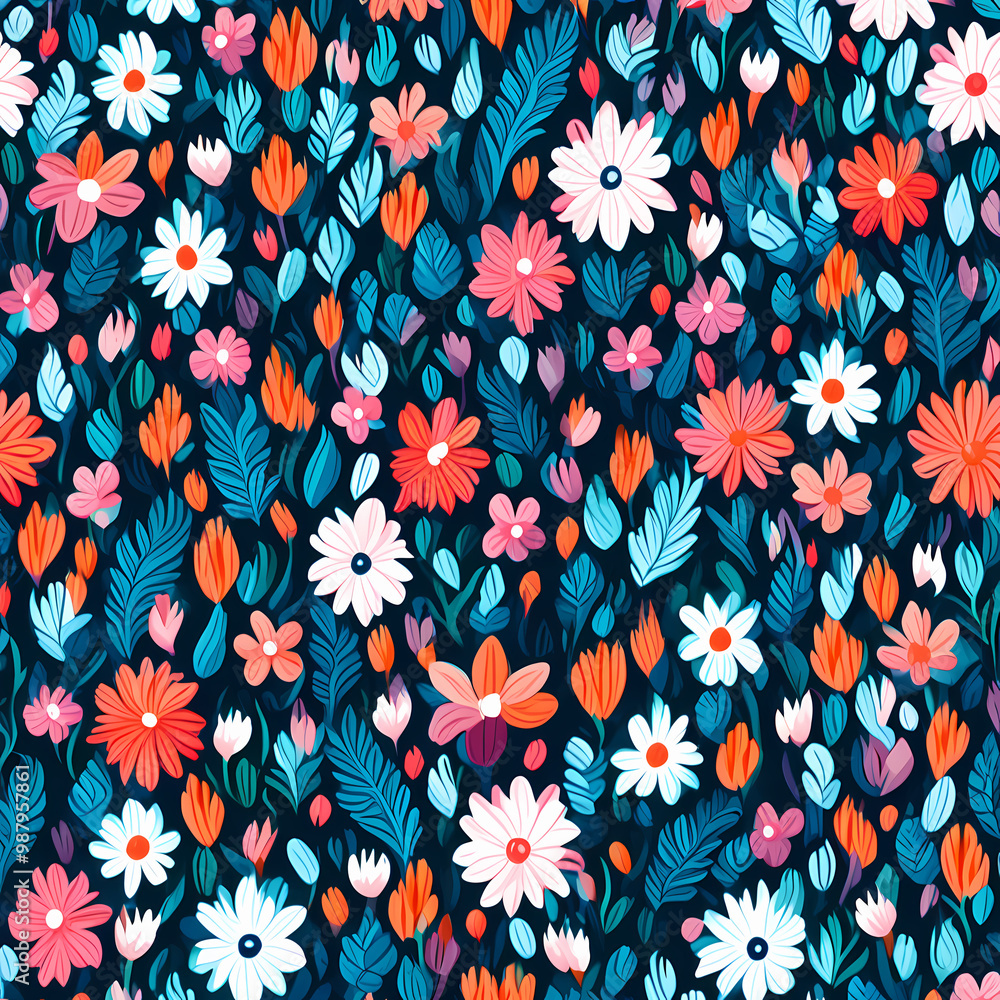 Seamless floral pattern, Illustration of flowers, stumpwork embroidery style Seamless floral pattern, Illustration of flowers, stumpwork embroidery style