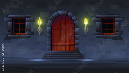 Wooden forged lock door with burning torches. Castle dungeon. Stone wall. Window and porch. Ancient doorway. Fortress entry. Old lamp flames. Gloomy medieval interior. Vector background