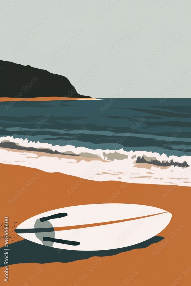 surf board, beach in the background, in spain, minimalist vector shapes surf board, beach in the background, in spain, minimalist vector shapes