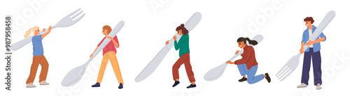 Tiny men and women hold tableware. Happy people with large spoons, forks or knife. Kitchen utensils. Dining cutlery. Persons carrying big silverware. Cartoon characters. Garish vector set