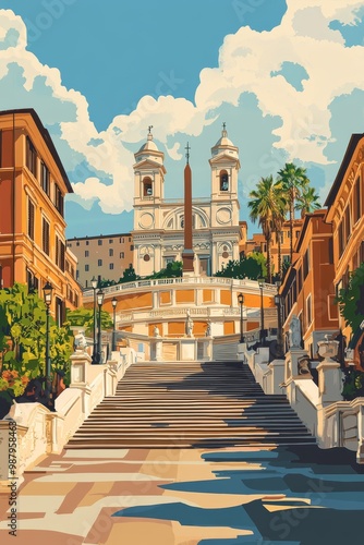 The distant view is piazza di spagna in rome italy in retro illustration style with clear weather bright light bright colors clear picture quality and rich details