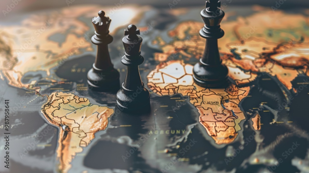 Two chess pieces are on a map of the world, generative ai Two chess pieces are on a map of the world, generative ai
