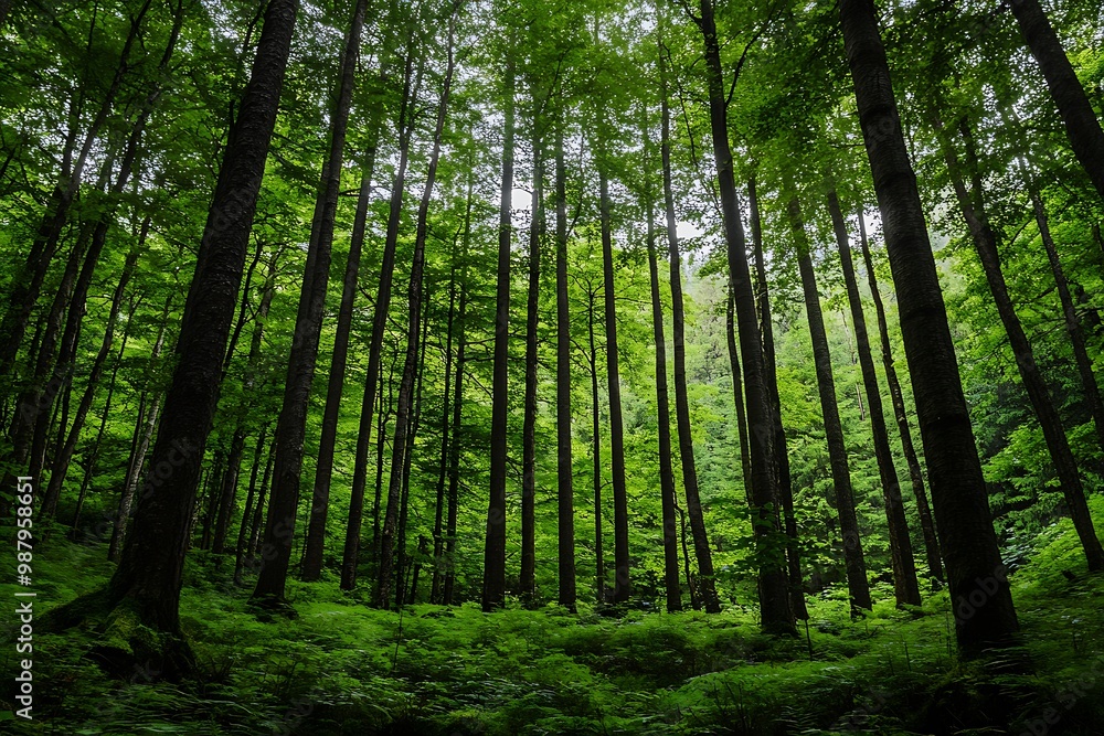 Fototapeta premium Sunlight through the canopy of trees in a lush green forest