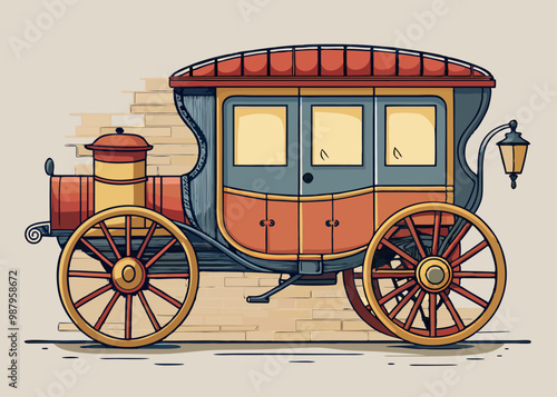 cartoon vector illustration of classic vintage carriage, stone field isolated background