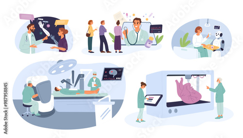 Surgery of future. Modern medical technologies. Futuristic healthcare. 3D organs printing. Remote operation. Online consultation. Innovative medicine. Bionic prosthesis. Garish vector set