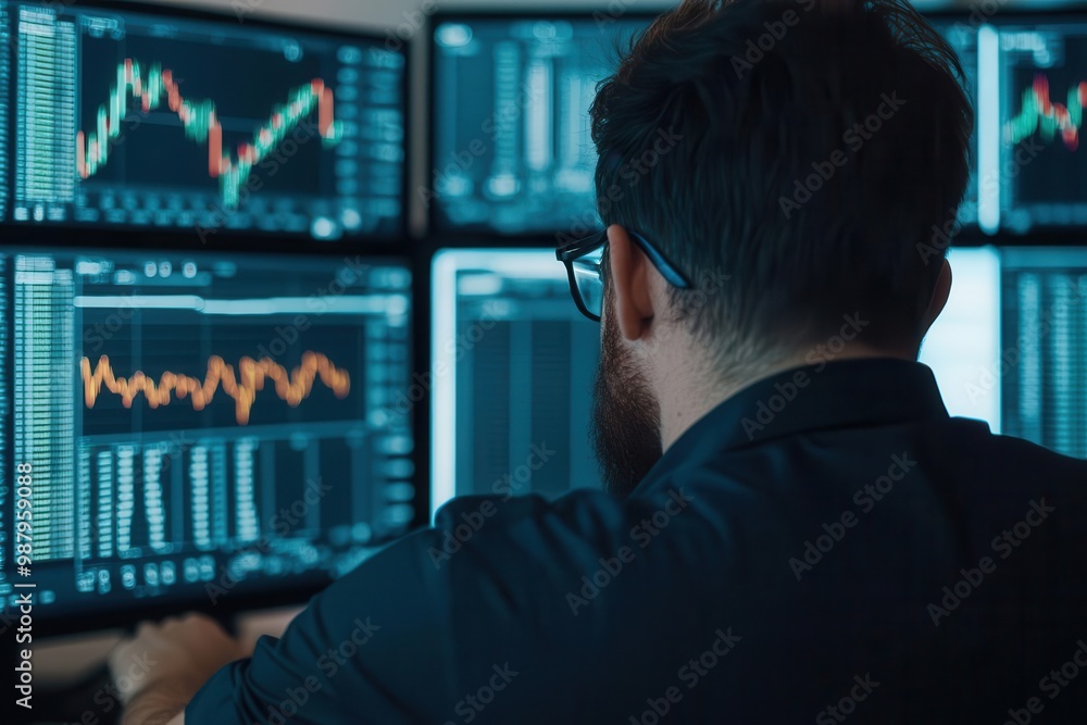 A man analyzes financial data on multiple screens, focusing on stock charts and market trends in a dark workspace. A man analyzes financial data on multiple screens, focusing on stock charts and market trends in a dark workspace.