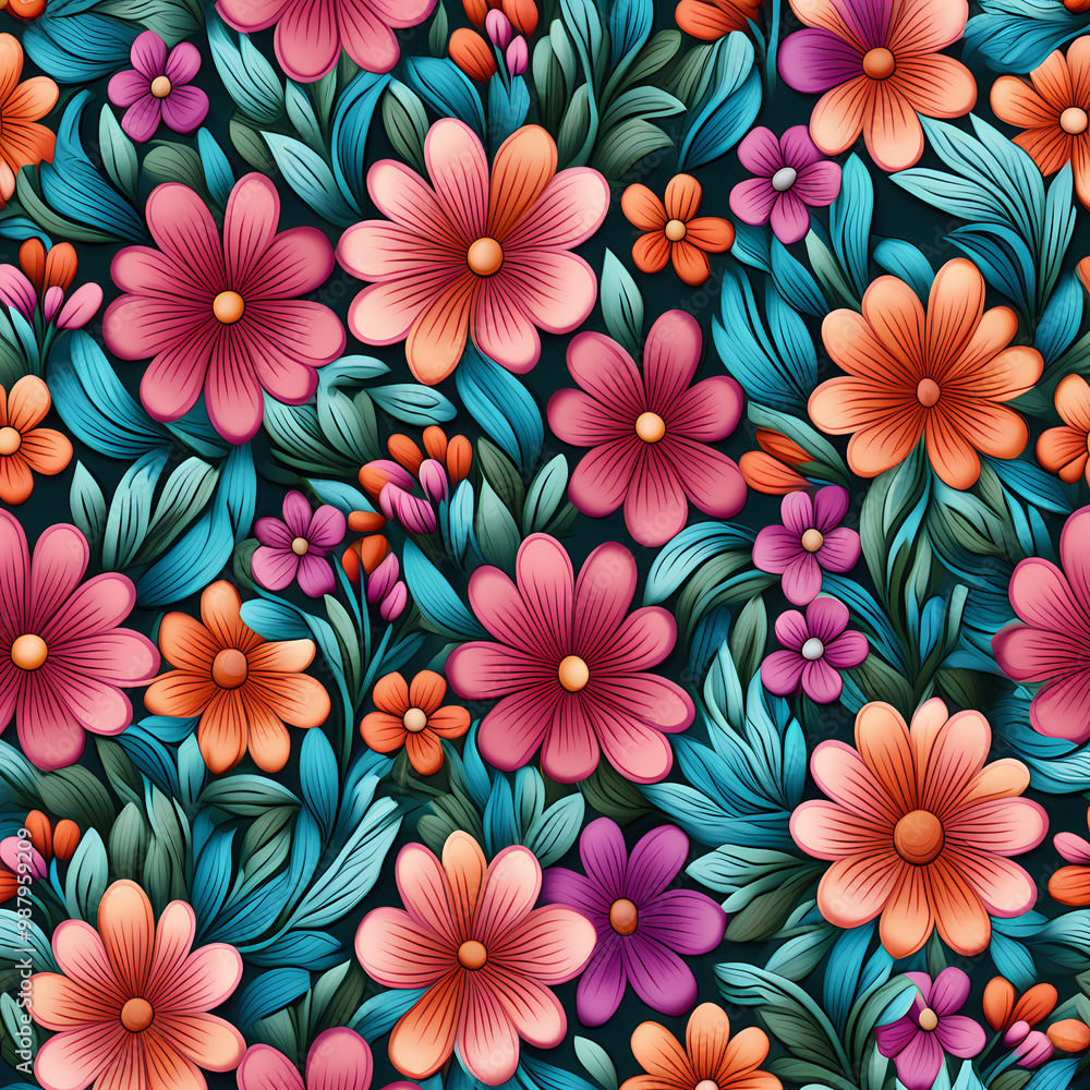 Seamless floral pattern, Illustration of flowers, stumpwork embroidery style Seamless floral pattern, Illustration of flowers, stumpwork embroidery style