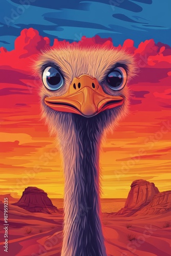 vector retro illustration, desert, ostrich in the center with a funny face and a hat photo