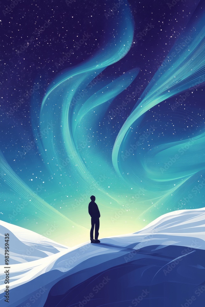 Minimalist poster illustration of a lone traveler standing on a snowy hill looking up at a sky filled with northern lights Minimalist poster illustration of a lone traveler standing on a snowy hill looking up at a sky filled with northern lights