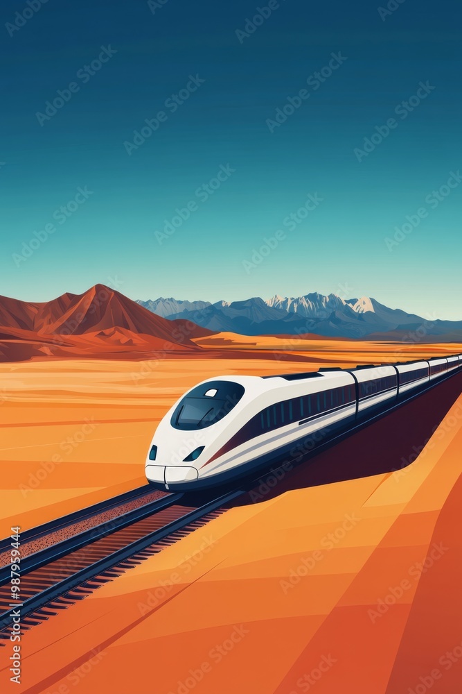 Obraz premium Minimalist poster illustration of a train journey through a vast plain with distant mountains or forests in the background