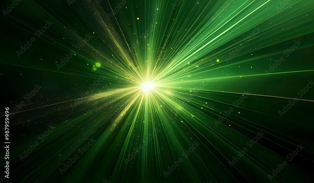 Asymmetric burst of green rays of light on a dark green background with green, yellow and gold sparkles Asymmetric burst of green rays of light on a dark green background with green, yellow and gold sparkles