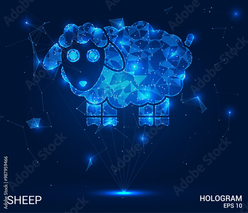 Hologram sheep. Sheep made of polygons, triangles, dots, and lines. Low-poly sheep structure of connections. Technology concept vector.