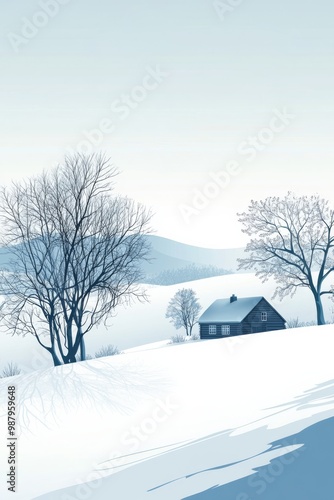 Minimalist poster of a serene winter landscape a snowcovered landscape with a few bare trees and a small stylized cabin 