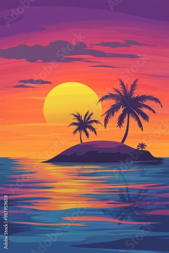 Minimalist poster of a tropical island sunset a small island with a few palm trees set against a vivid sunset sky with smooth flowing shapes