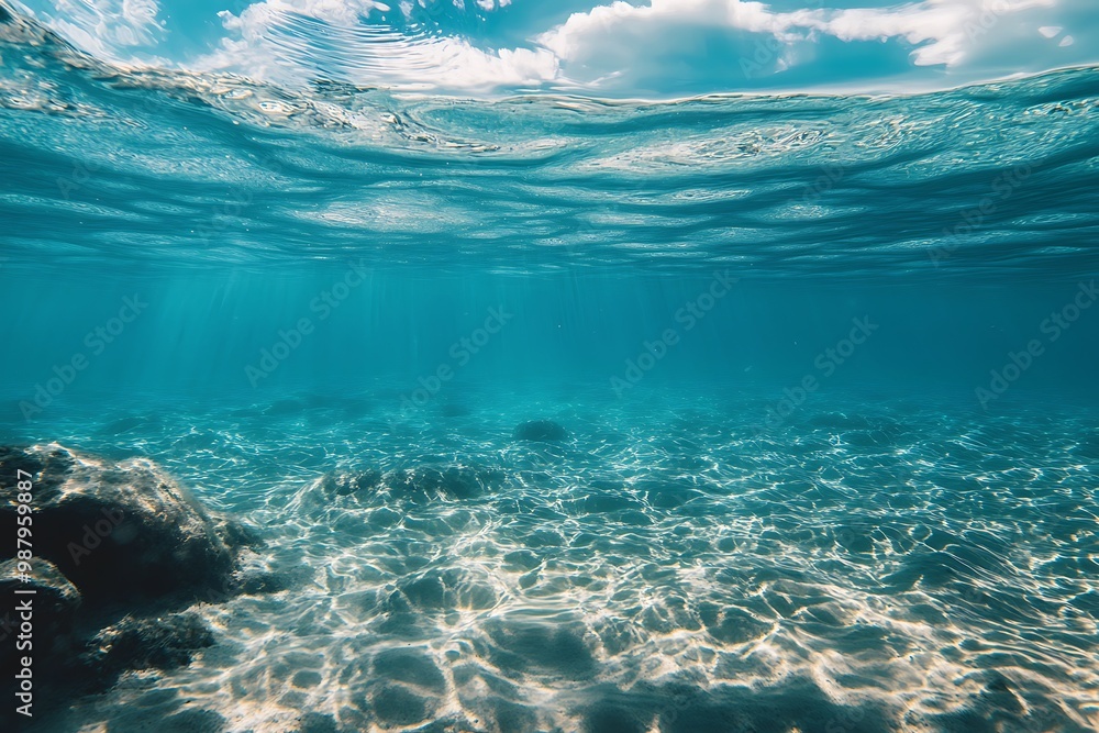 Fototapeta premium Sunlight beams through turquoise water to illuminate a rocky ocean floor
