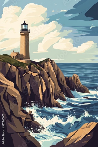 Poster illustration of the rugged cliffs and dramatic seascape of the pointe du raz in brittany with a lone lighthouse standing sentinel