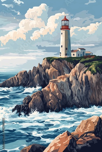 Poster illustration of the rugged cliffs and dramatic seascape of the pointe du raz in brittany with a lone lighthouse standing sentinel