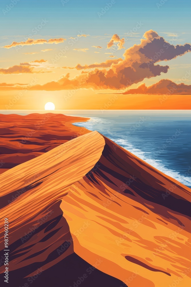 Poster illustration of a sunset over the dune du pilat the tallest sand dune in europe with the sun setting over the atlantic ocean in the background