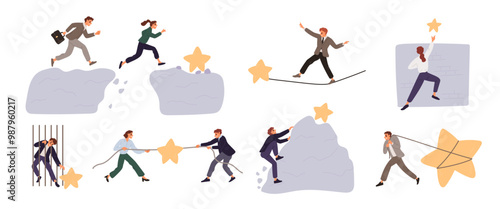 People achieve their goals. Men and women overcoming obstacles. Businessman jumping over precipices. Employee climbing over walls. Entrepreneur conquering career peaks. Garish vector set