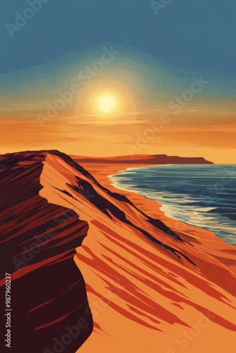 Poster illustration of a sunset over the dune du pilat the tallest sand dune in europe with the sun setting over the atlantic ocean in the background