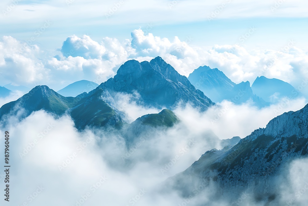 Mountain peaks shrouded in clouds. Dramatic, misty, and serene landscape photograph. Mountain peaks shrouded in clouds. Dramatic, misty, and serene landscape photograph.