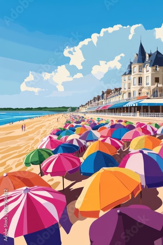 Poster illustration of the beach of deauville with its colorful parasols neatly arranged in rows