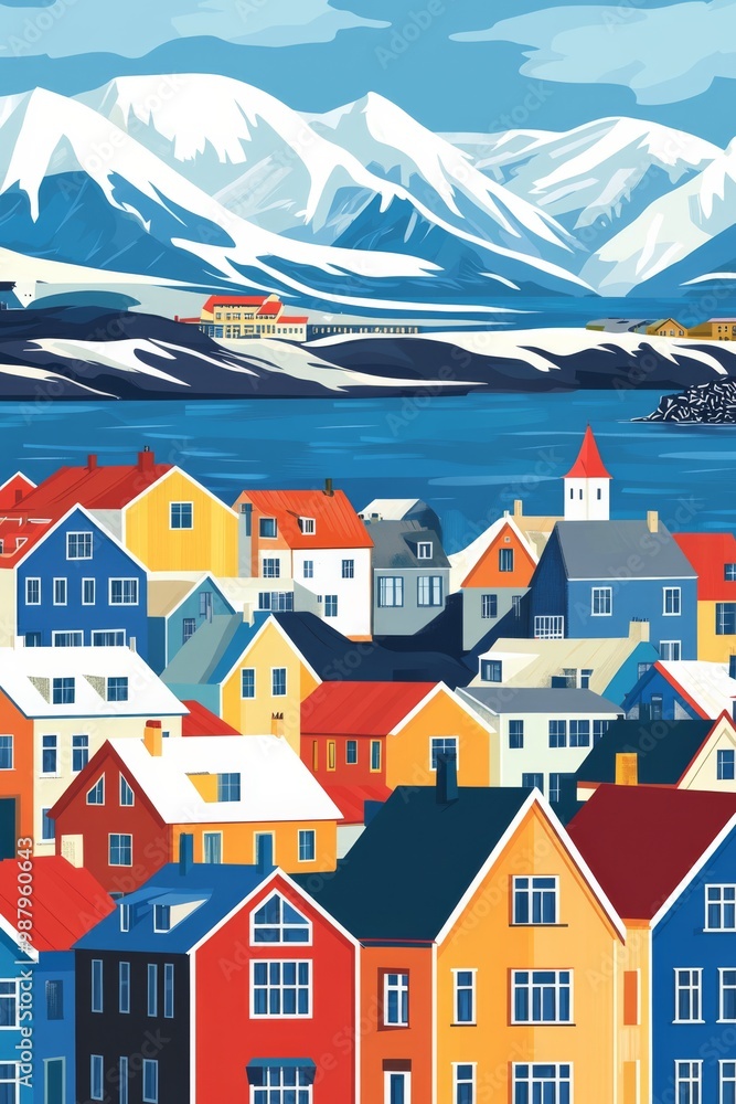 Poster illustration of the colorful houses of reykjavik iceland the charming colorful houses of reykjavik with their distinctive roofs set against the backdrop of snowcapped mountain Poster illustration of the colorful houses of reykjavik iceland the charming colorful houses of reykjavik with their distinctive roofs set against the backdrop of snowcapped mountain
