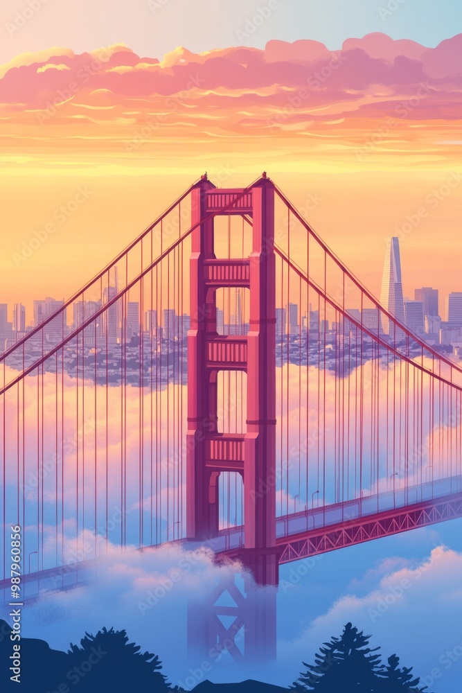 Obraz premium Poster illustration of the iconic golden gate bridge in san Francisco emerging from the fog at sunrise with the city skyline faintly visible in the background