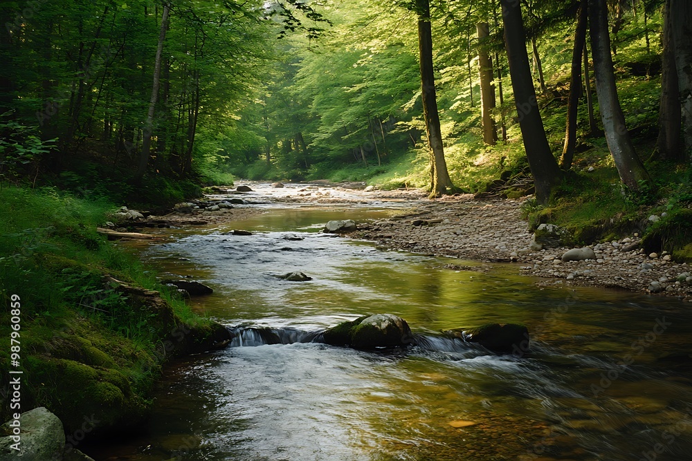 Tranquil Stream Flowing Through Lush Green Forest Tranquil Stream Flowing Through Lush Green Forest