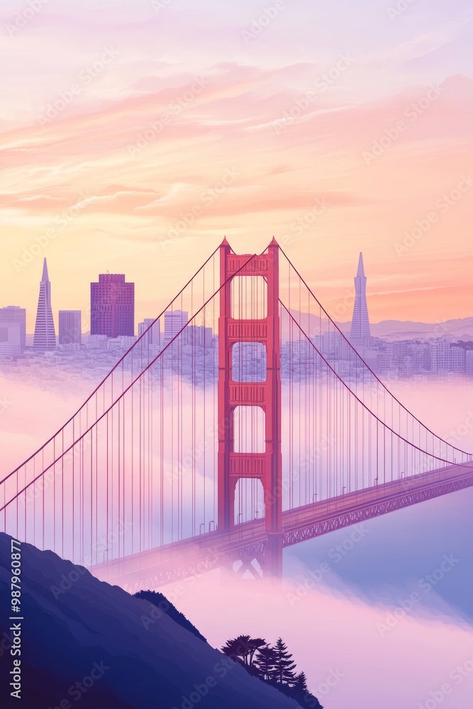 Fototapeta premium Poster illustration of the iconic golden gate bridge in san Francisco emerging from the fog at sunrise with the city skyline faintly visible in the background