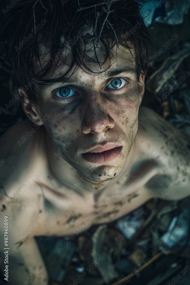 A tired man gazes upward from among debris and dirt A tired man gazes upward from among debris and dirt