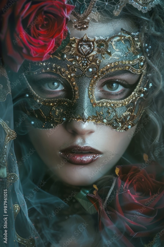 A masked woman with roses poses alluringly at a grand ball A masked woman with roses poses alluringly at a grand ball
