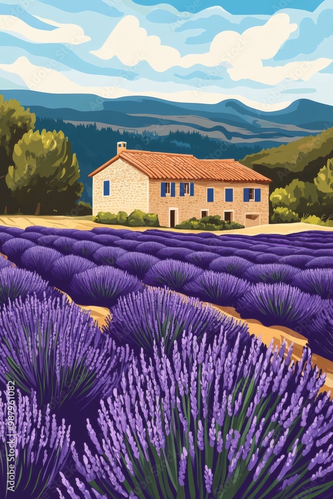 Illustration of the lavender fields of provence france endless rows of vibrant lavender stretching across the rolling hills