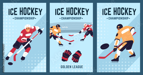Ice hockey players cards. Sport games championship invitation. Professional athletes in uniform with clubs and pucks. Sportsman skating at rink. Goalkeepers gate. Garish vector set