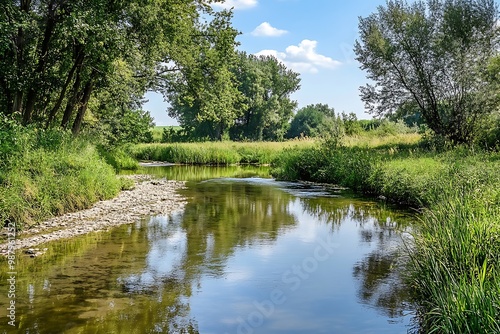 Serene Countryside Landscape with River Winding Through Lush Green Meadow