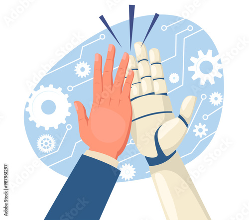 Human collaboration with artificial intelligence. Cartoon bionic hand gives five to human limb. Robot and people cooperation. Android and businessman working together. Vector concept
