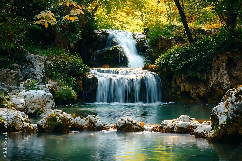 Fototapeta premium Tranquil Waterfall in Lush Green Forest. Serenity, Nature, Tranquility, Relaxation