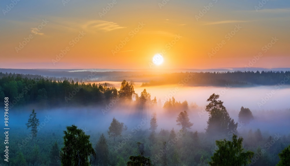 Fototapeta premium Amazing Sunrise Over Misty Landscape. Scenic View Of Foggy Morning Sky With Rising Sun Above Misty Forest. Middle Summer Nature Of Europe