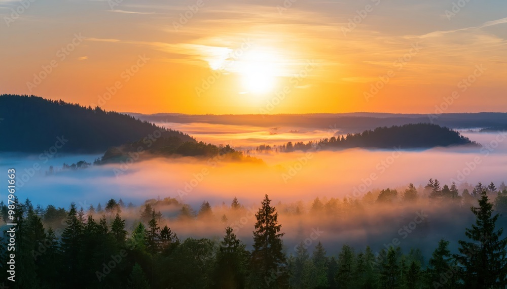 Fototapeta premium Amazing Sunrise Over Misty Landscape. Scenic View Of Foggy Morning Sky With Rising Sun Above Misty Forest. Middle Summer Nature Of Europe