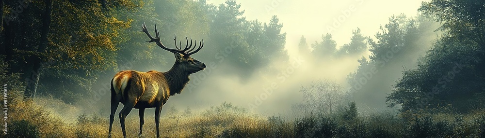 A majestic deer standing in a misty forest, surrounded by lush foliage and ethereal light, embodying tranquility and nature's beauty. A majestic deer standing in a misty forest, surrounded by lush foliage and ethereal light, embodying tranquility and nature's beauty.