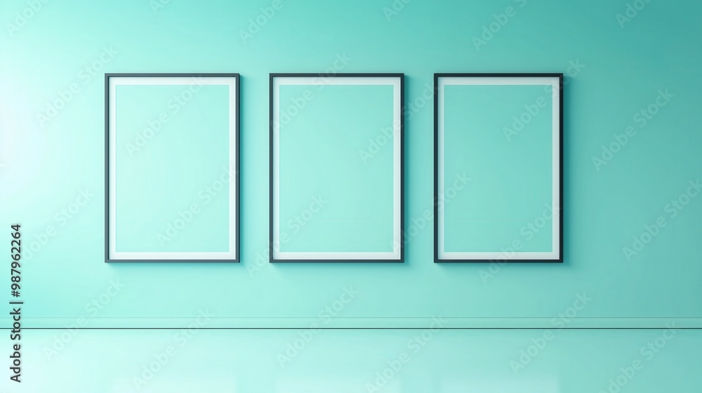 Three blank picture frames on a teal wall, perfect for artwork display, reflecting a minimalist design. Three blank picture frames on a teal wall, perfect for artwork display, reflecting a minimalist design.