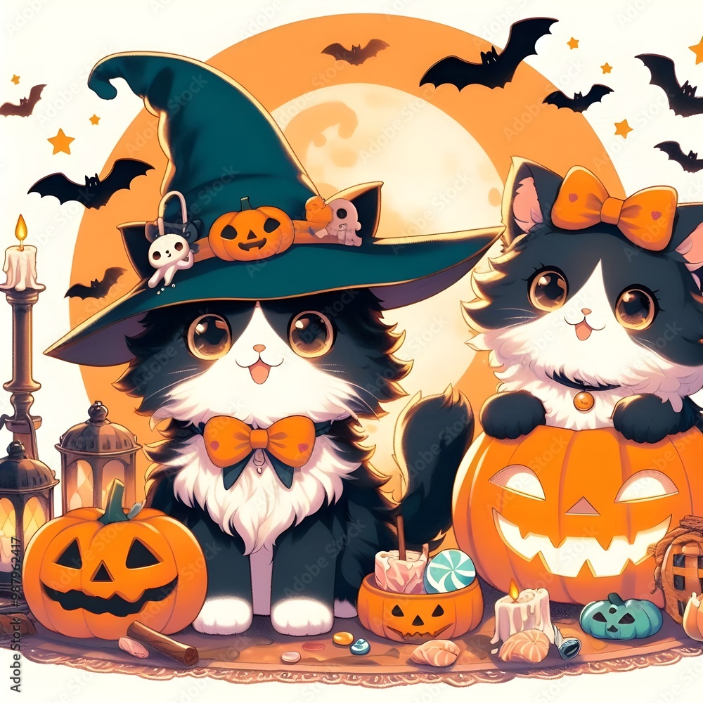 Halloween fluffy Cat Illustration,spooky,empty space Halloween fluffy Cat Illustration,spooky,empty space
