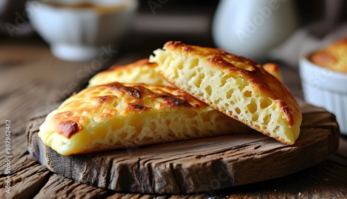 Golden naan bread resting on rustic wooden board, showcasing its warm texture and slight puffiness photo