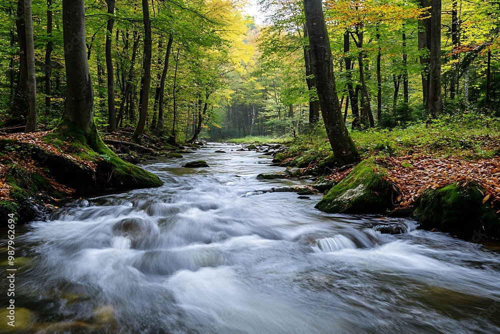Tranquil forest stream flowing through lush green trees Tranquil forest stream flowing through lush green trees
