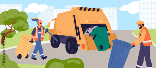 Cleaners load containers into garbage truck. Street cleaning with machine. Scavengers carrying dustbins. Wipers working. Trash removal. Janitors collecting rubbish. Garish vector concept