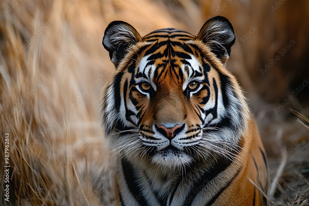 Close up portrait of a majestic tiger in the wild, looking directly at the camera. Close up portrait of a majestic tiger in the wild, looking directly at the camera.
